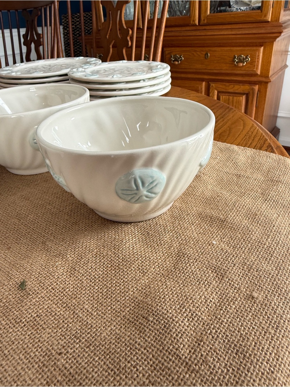 Coastal Sand Dollar Ceramic Bowls (3) and Dish - White with Light Blue Accents - Picture 3 of 4